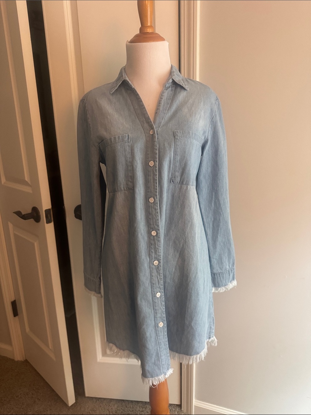 Light Blue Denim Shirt Mini Dress with Frayed Hem
